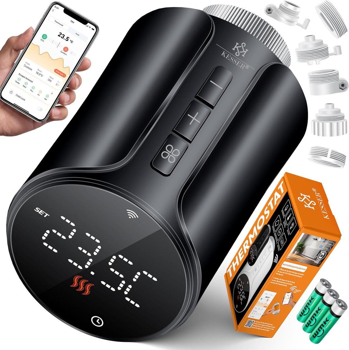 Slimme Radiatorthermostaat WiFi – App Bediening – Alexa & Google Assistant – 6 Adapters – Zwart