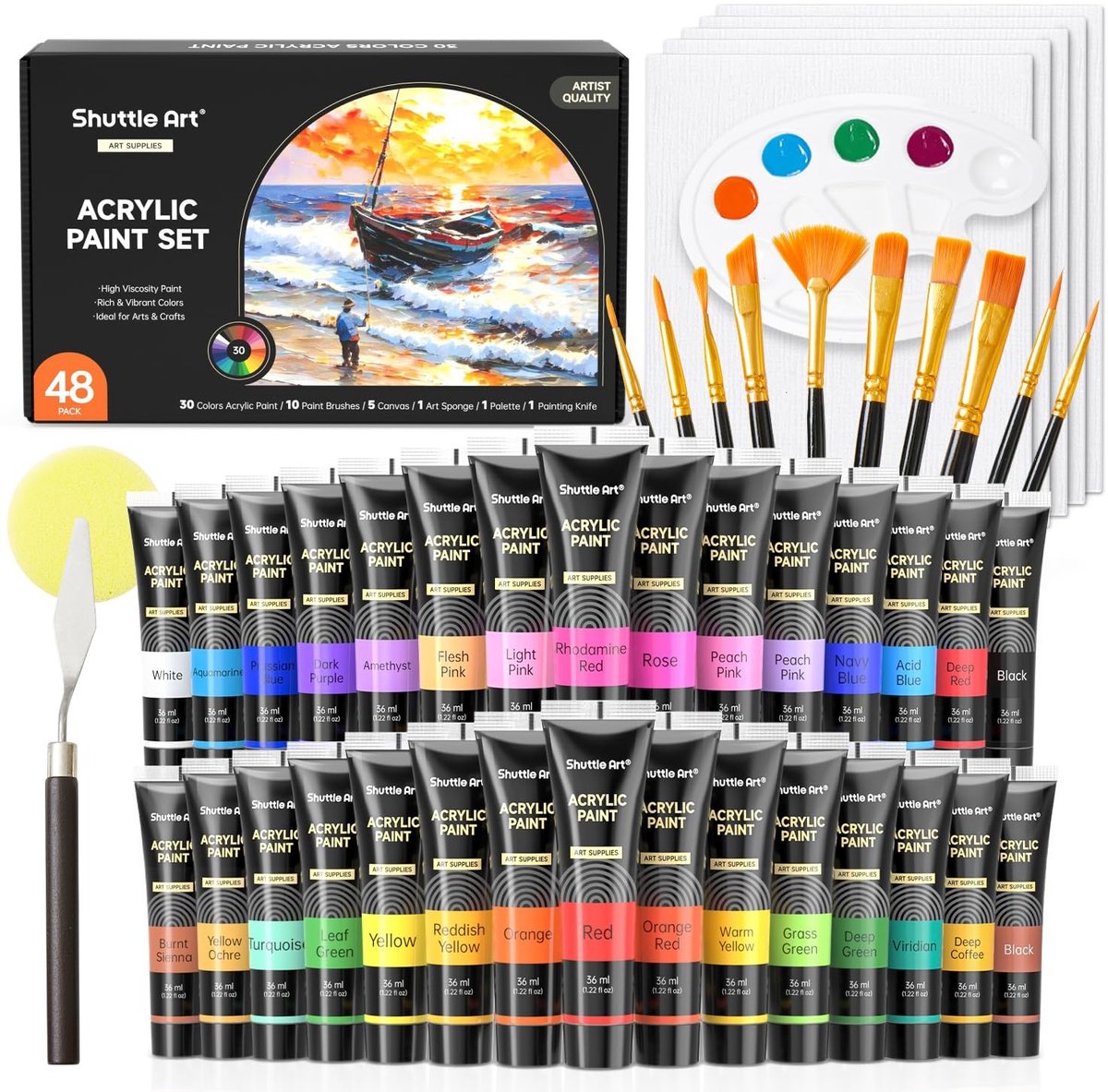 SolidKeus - 48-delige Acrylverf Set met Penselen en Doeken