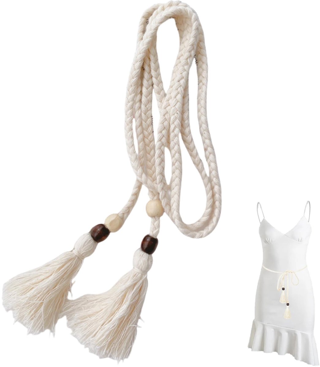 SolidKeus - Boho Gevlochten Tailleband van Katoen met Kwastjes 150 cm