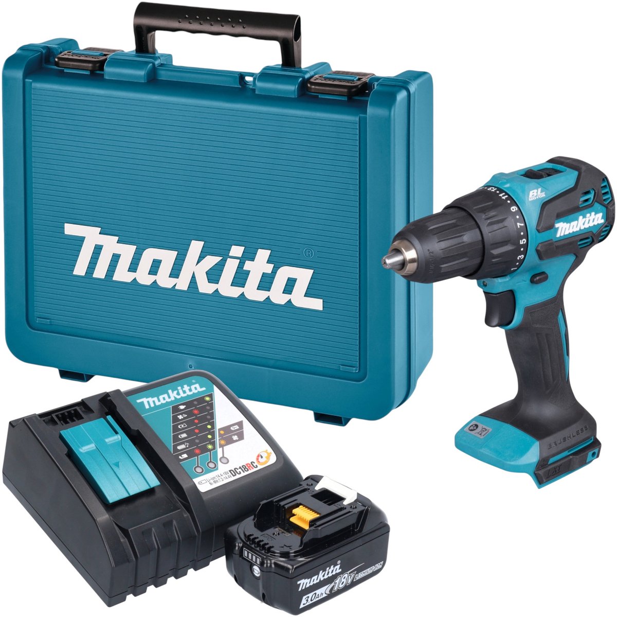 Makita DHP 490 RF1E accu-slagboormachine 18 V 65 Nm borstelloos + 1x accu 3,0 Ah + oplader + koffer
