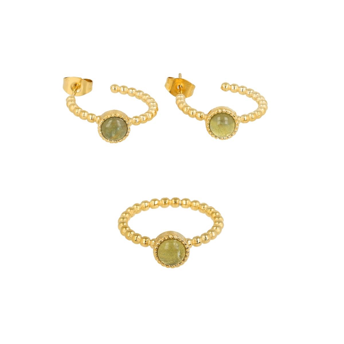 My Bendel - Sieraden Set Green Fluorite Goudkleurig - Echte Edelsteen - met Luxe Cadeauverpakking | Sieraden Voor Dames | Maat 18.00 Mm / Maat 57