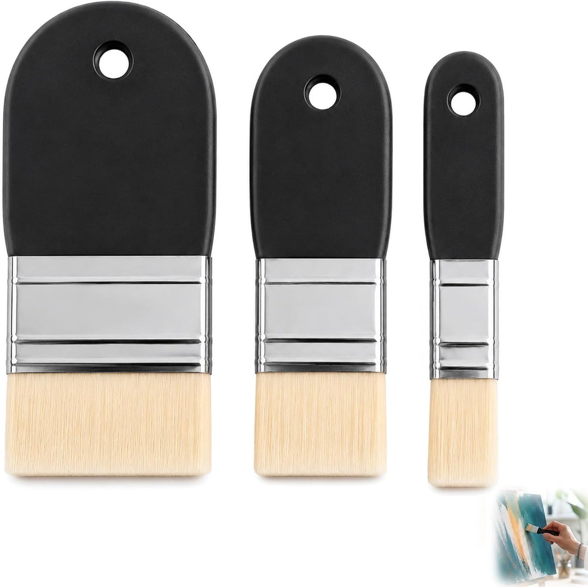 Set van 3 platte penseelkwasten van zacht nylon, ideaal voor aquarel, acryl en olieverf, verschillende maten voor veelzijdig gebruik