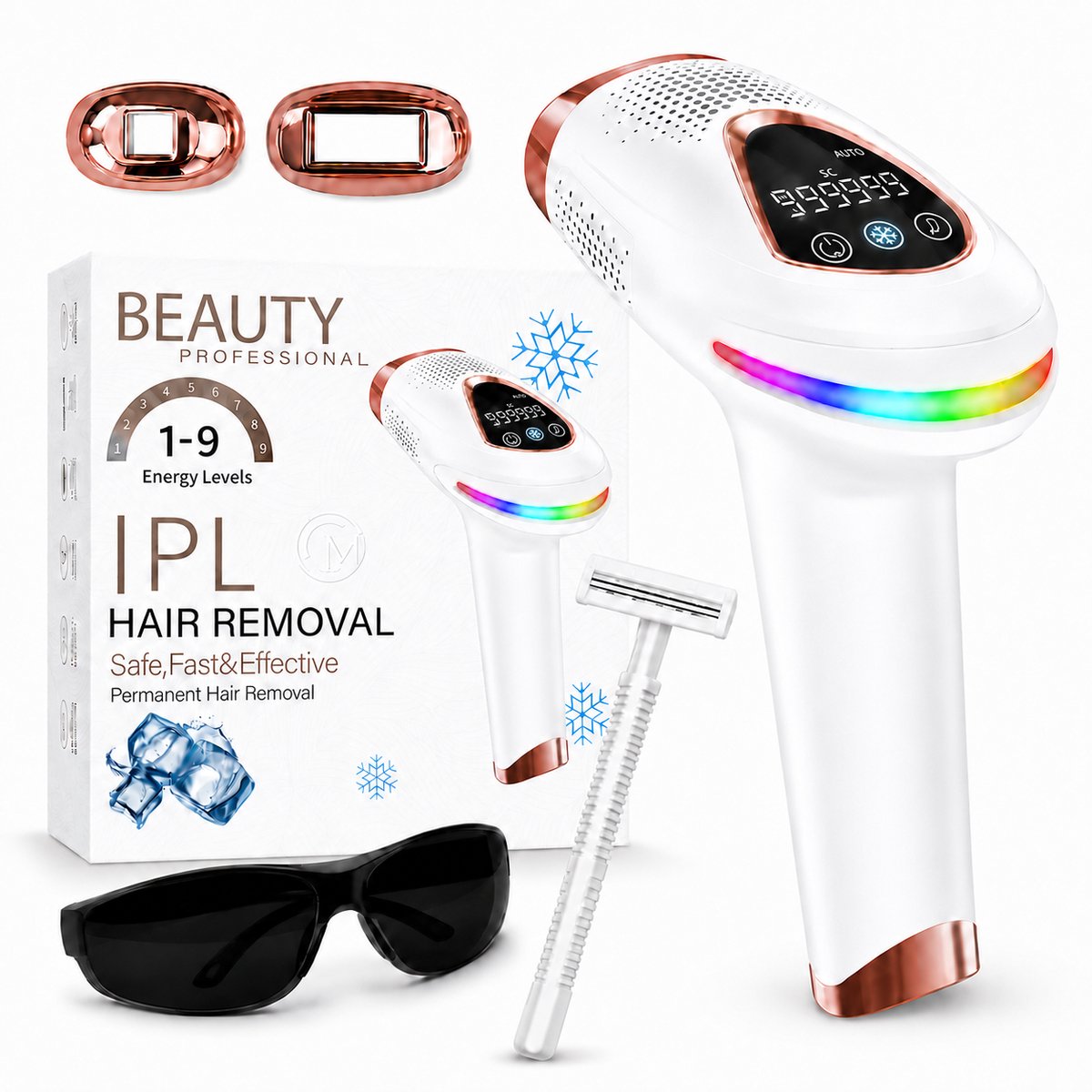 IPL Laser Ontharingsapparaat met Ice Cooling – Pijnloos Ontharen voor Dames & Heren – 999.999 Flitsen, 9 Standen, 3-in-1 – 2 Opzetstukken, Beschermbril & Scheermes