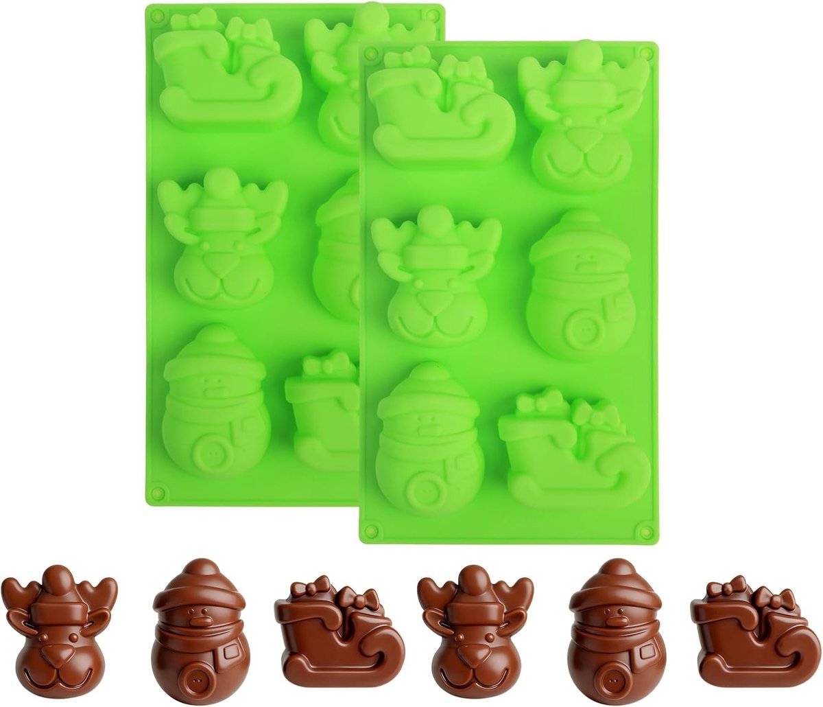 2 Stuks Kerst Chocolade Mallen voor DIY Bakken, Snoepvormen, Cake Decoraties en IJsblokjes Mallen in Elk Sleigh en Sneeuwman Vorm