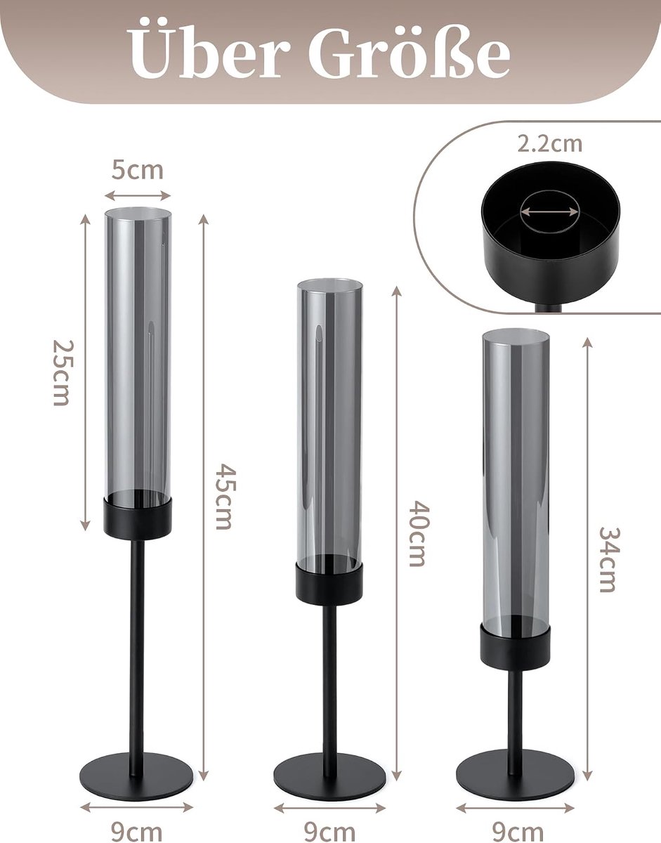 Kandelaar voor Staaskaarsen Zwart met Rookglas: Set van 3 Metalen Kandelaars met Windlicht - Moderne Tafeldecoratie voor Binnen - Buiten - Woonkamer - Kerst – foto 4