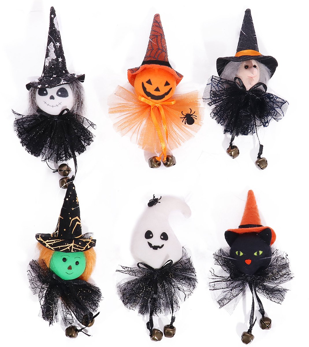 6 Stuks Hangende Halloween Decoratie – Pompoen - Zwarte Kat -Spook en Heks – Mini Hangfiguren voor Cadeaus - Feest en Huisdecoratie