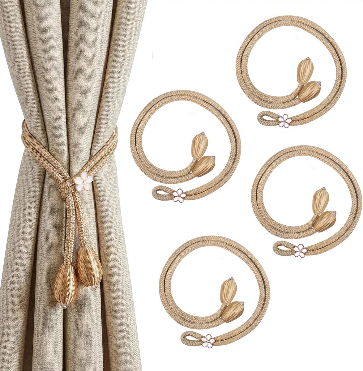 SolidKeus - Set van 4 Elegante Bloem Gordijnhouders in Champagne