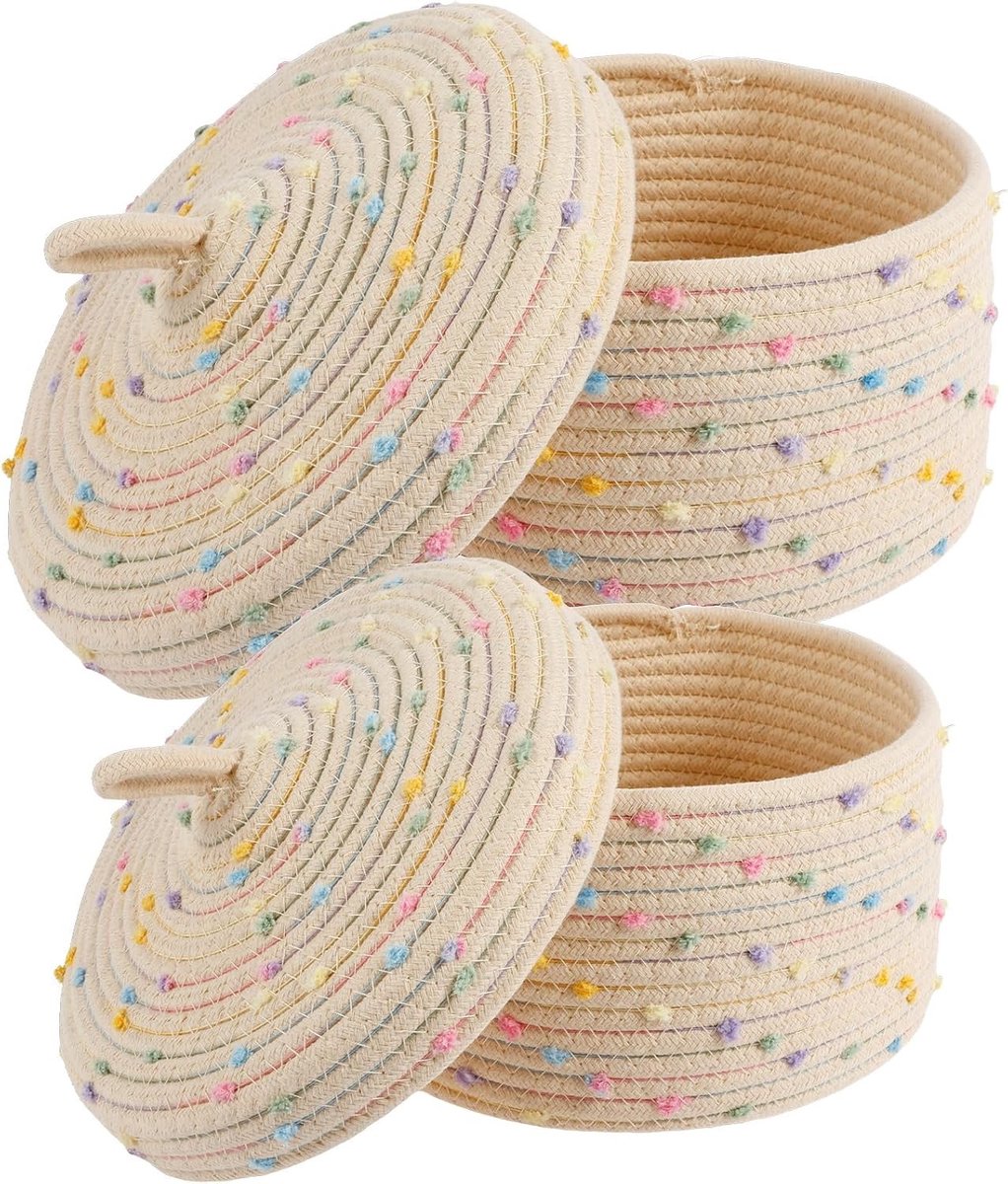 Set van 2 Gevlochten Opbergmanden van Katoen met Deksel - Stapelbare Mand voor Badkamer, Kinderkamer en Woonkamer Accessoires