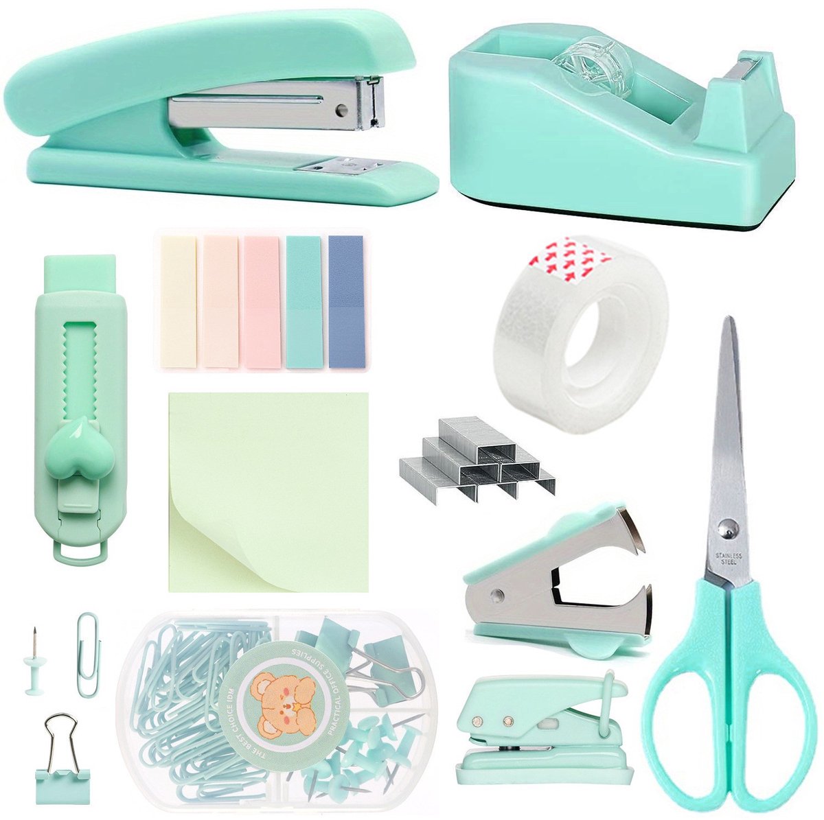 Complete Bureau Accessoires Set – Inclusief Nietmachine, Plakbandhouder, Perforator, Ontnieter, Schaar, Nietjes, Binderclips, Paperclips, Punaises, Gum, Paginamarkers & Notitieblok – Groen –1 Set