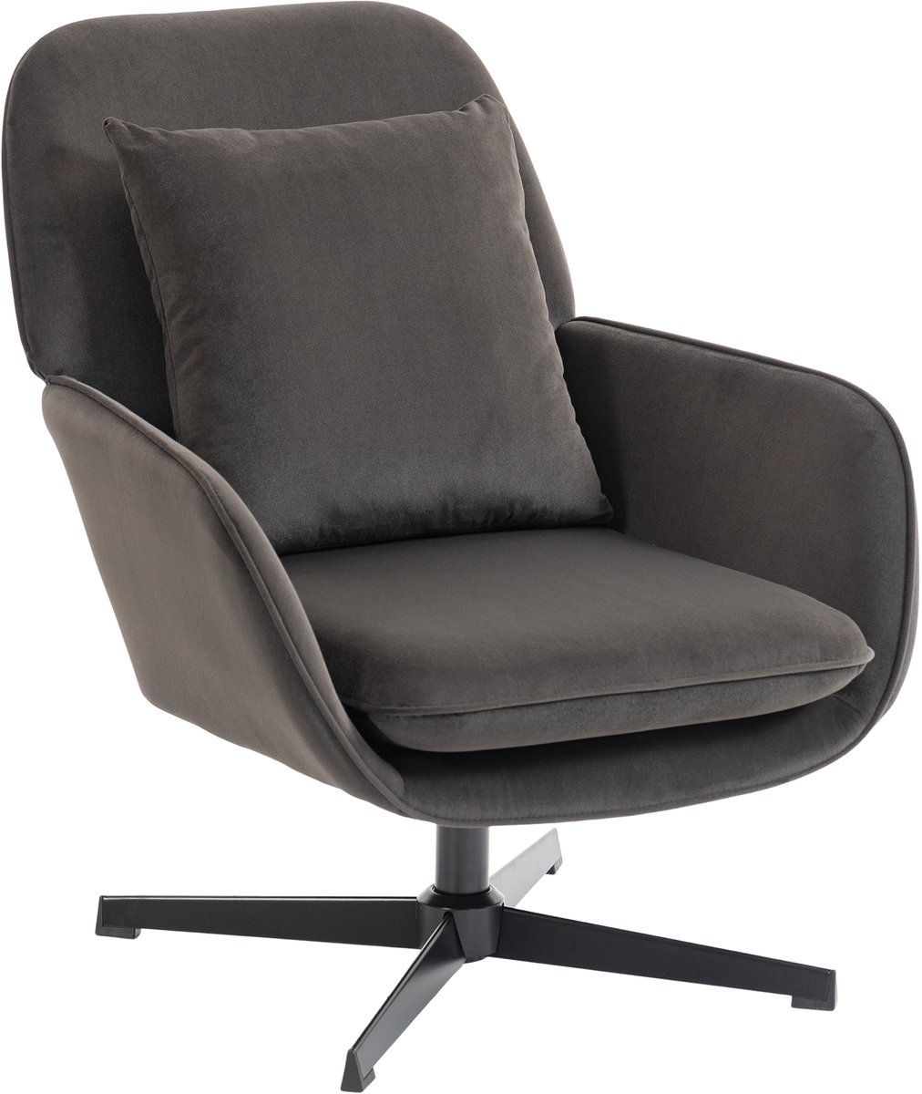 Draaifauteuil fluweel brede zitting donkergrijs | Accentstoel, kussen, metalen frame, voor woonkamer, slaapkamer, leeshoek