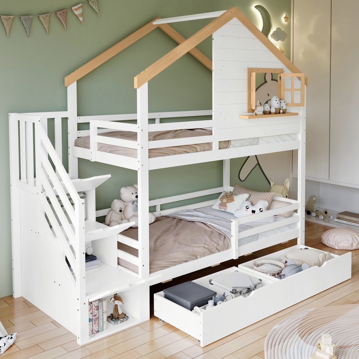 Bedframe - voor matras 90 x 200 cm - wit en naturel - met opbergruimte - afmetingen 95 x 254 x 237,5 cm - matras niet inbegrepen - voor de slaapkamer