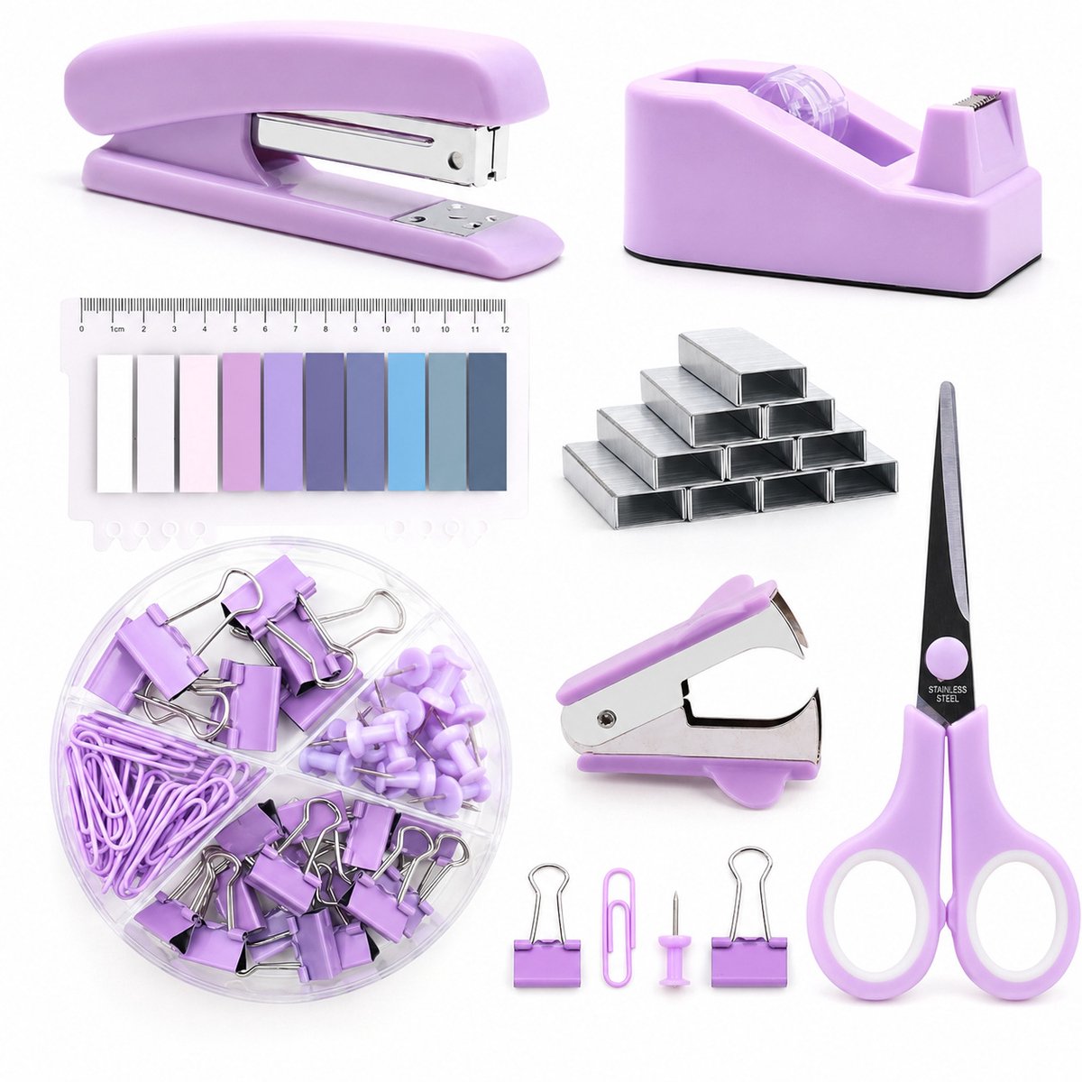 Bureauaccessoires Set – Bureau Organizer Kantoorartikelen – Nietmachine Tapehouder Schaar Binderclips Paperclips – Voor Thuis School Kantoor – Studenten Thuiswerkers – Paars – 9 Delige Set