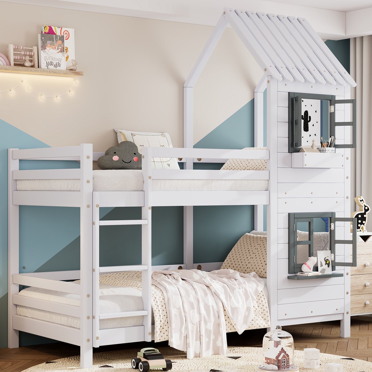 Kinderbed - voor matras 90 x 200 cm - white+gray - met USB-aansluiting en lattenbodem - matras niet inbegrepen - voor de slaapkamer