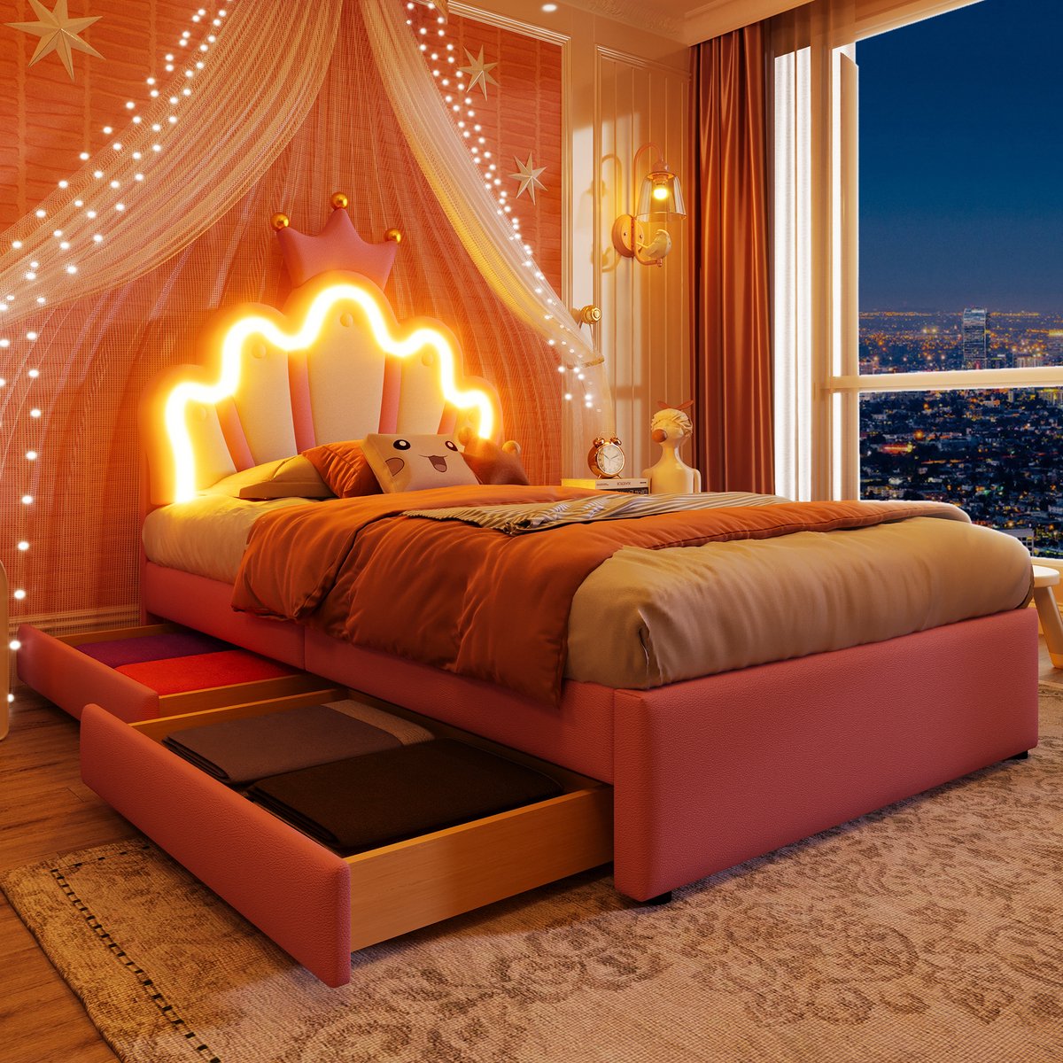 Kinderbed - voor matras 90 x 200 cm - roze - met LED-verlichting en opbergruimte - matras niet inbegrepen - voor de slaapkamer