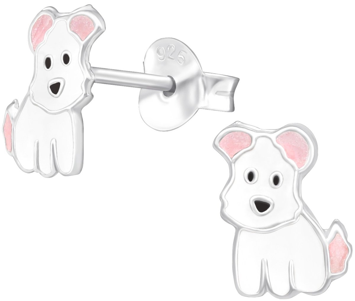 Joy|S - Zilveren hond oorbellen - 5.7 x 8.1 mm - wit hondje met roze oortjes - sterling zilver 925 - hondjes oorknoppen voor kinderen - kinderoorbellen