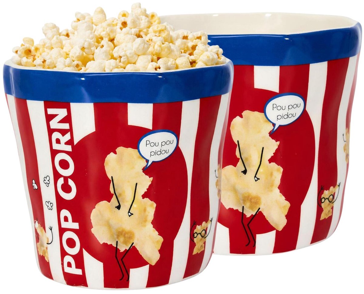Cook Concept Popcorn bak / emmer - 2x - rood / wit - keramiek - 14 x 13 cm - bioscoopstijl