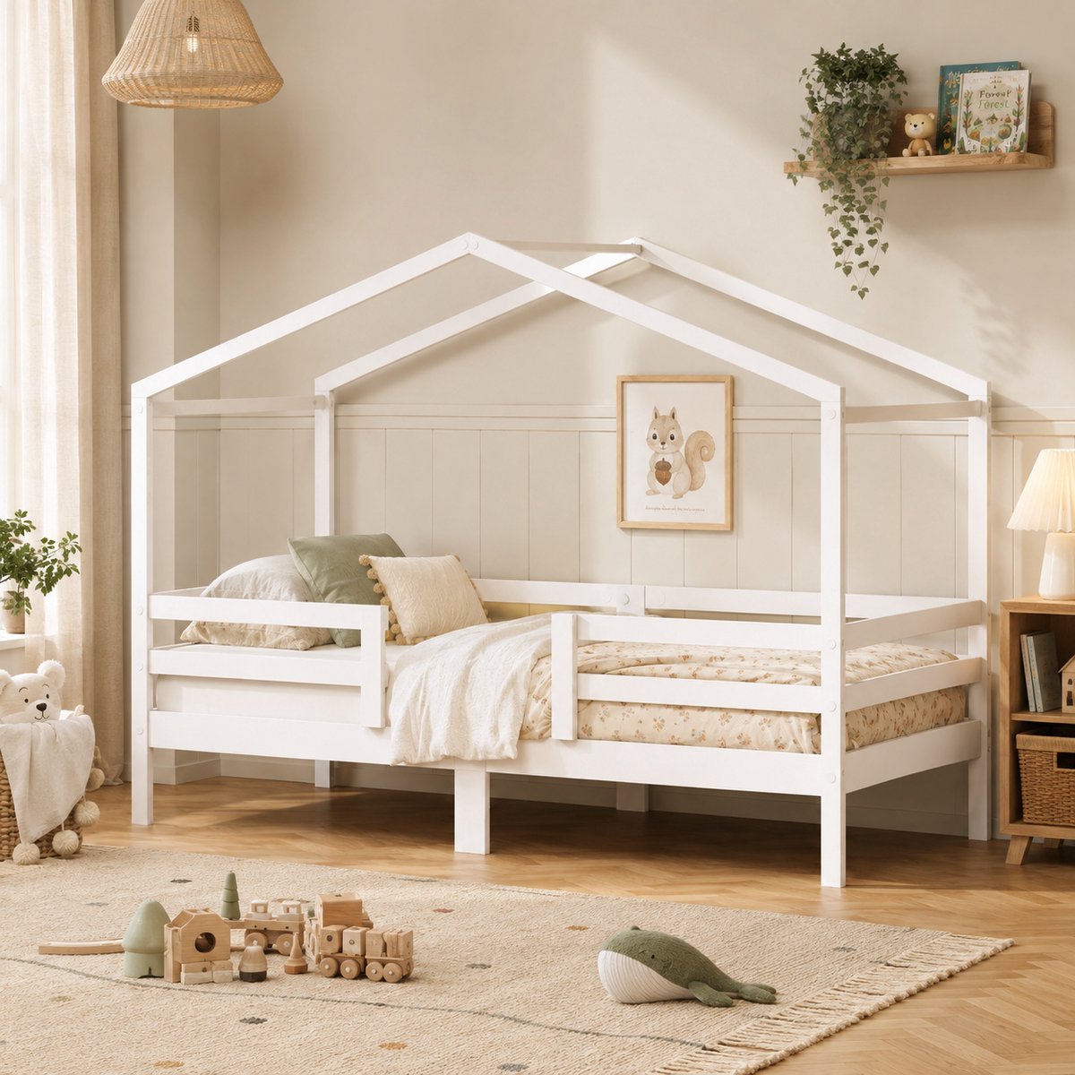 Welltin Huisbed 90x200 cm - Kinderbed - Eenpersoonsbed - Massief grenenhout - Met Dakframe En Veiligheidshek - Met lattenbodem - Veilig en comfortabel - Wit