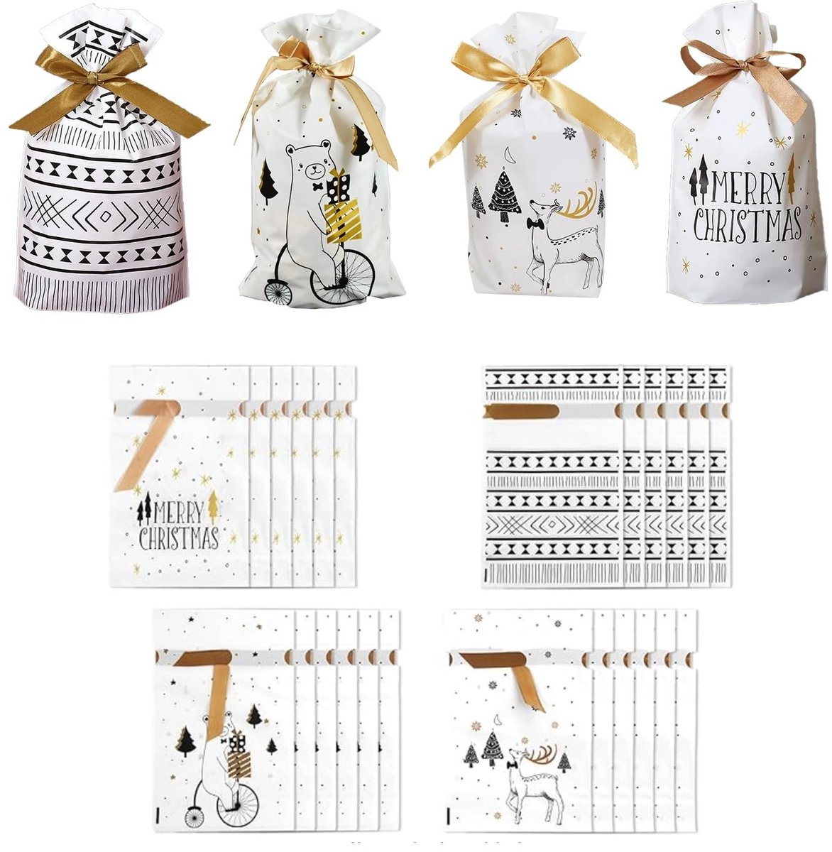 Omgoods - Set van 24 Herbruikbare Kerstcadeauzakjes met Trekkoord