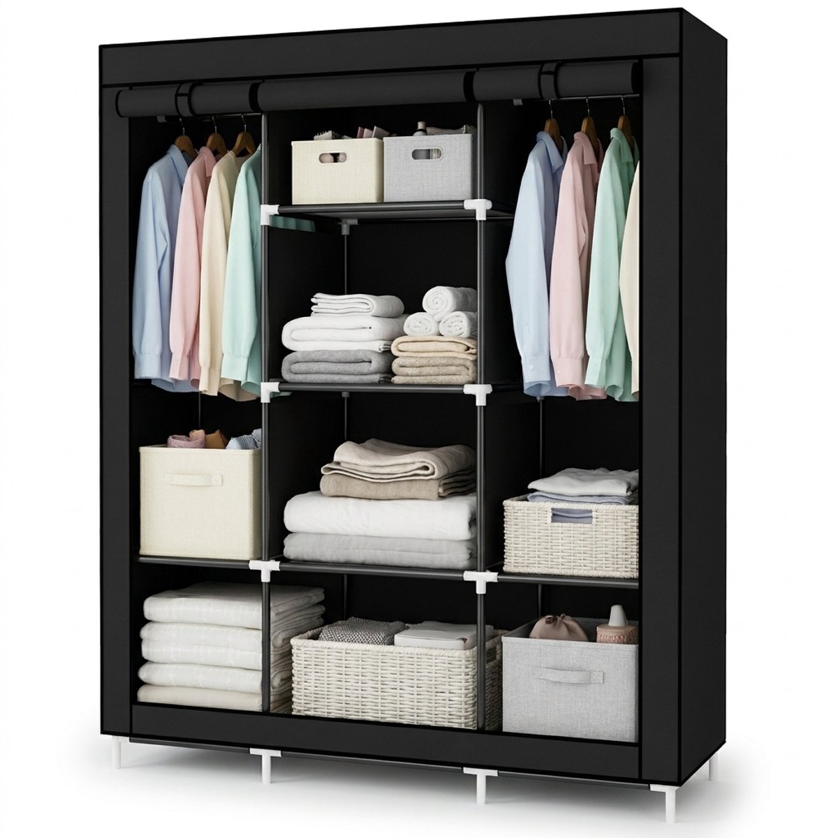 Kledingkast Opvouwbaar Zwart - Stoffen Kast 165x125x42 cm - 14 Opbergvakken - Stalen Frame - Lichtgewicht en Stabiel