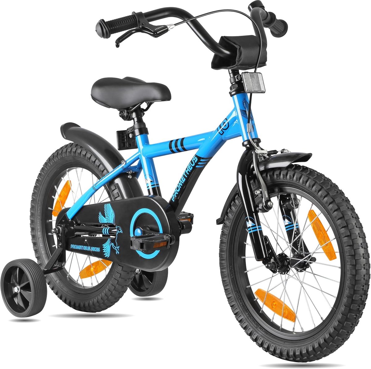 PROMETHEUS BICYCLES kinderfiets 16 inch fiets van 5 jaar oude met zijwieltjes terugtraprem in blauw BMX