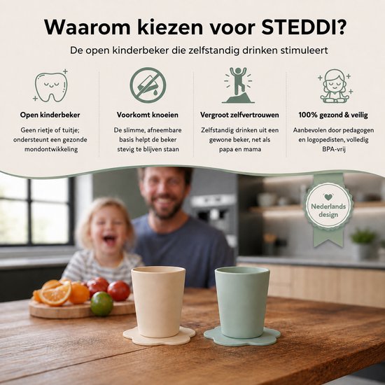 STEDDI - Open drinkbeker voor Peuters en Kinderen - Valt niet om - Geen rietje of tuitje; essentieel voor een gezonde ontwikkeling van de mond - aanbevolen door logopedisten en pedagogen - Twee stuks - Beige en groen - Inhoud 150ML — afbeelding 3
