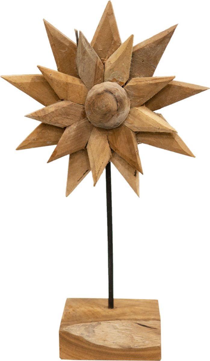 JoJo Living Woonaccessoires - Ornament - Teakhouten zonnebloem - L - Ornament op voet - Teakhouten zonnebloem 55cm - Handgemaakt