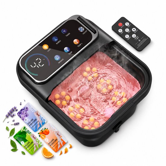 Bain de pieds Zenergy noir avec eau rose, bulles, rouleaux de massage et trois sachets de sels de bain.
