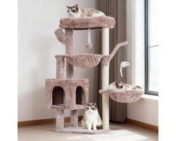 Kattenkrabpaal 100 cm – Kattenboom – Krabpaal Kat – Katten Krabmeubel – Kattenpaal met 2 Hangmatten – Kattenhuis – Klimtoren – Krabpalen met Sisal – Speelgoed – Grote Ligplank – Voor Binnen – Beige