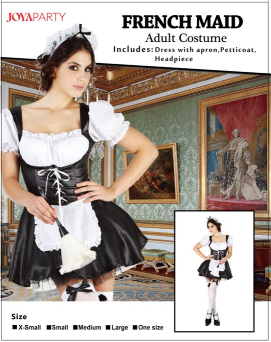 Joya Party Franse Dienstmeid kostuum: zwart jurkje met witte kanten details, schortje, kousen en hoofdband. "FRENCH MAID Adult Costume".