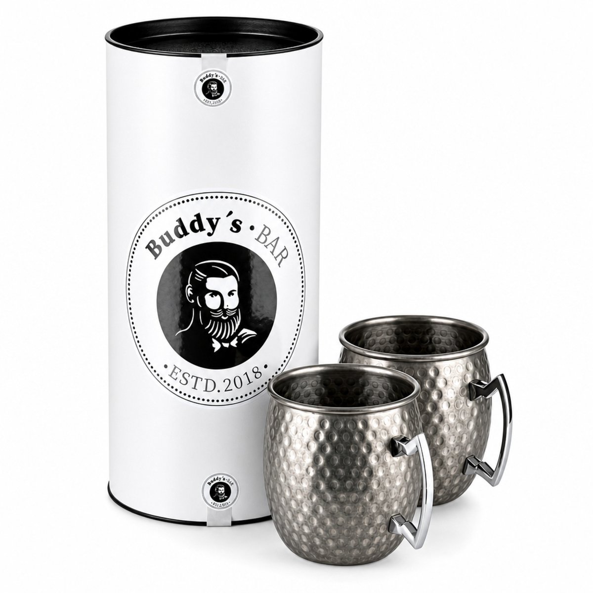 Buddy's Bar Moscow Mule Bekers - Cocktailglazen - Set van 2 Zilver Bekers - RVS met Antieke Uitstraling - Met Geschenkverpakking - 500 ml
