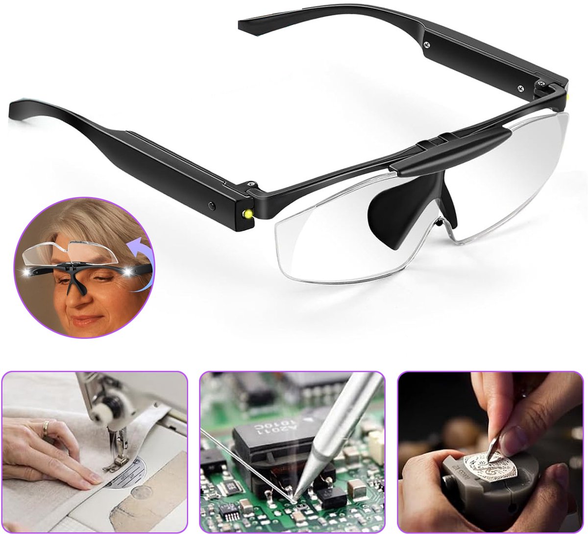 300% Vergrootglas Met Verlichting - Oplaadbare Hoofdloepbril - Handsfree Vergrootbril - Voor Nauwkeurig Sieraden Lezen