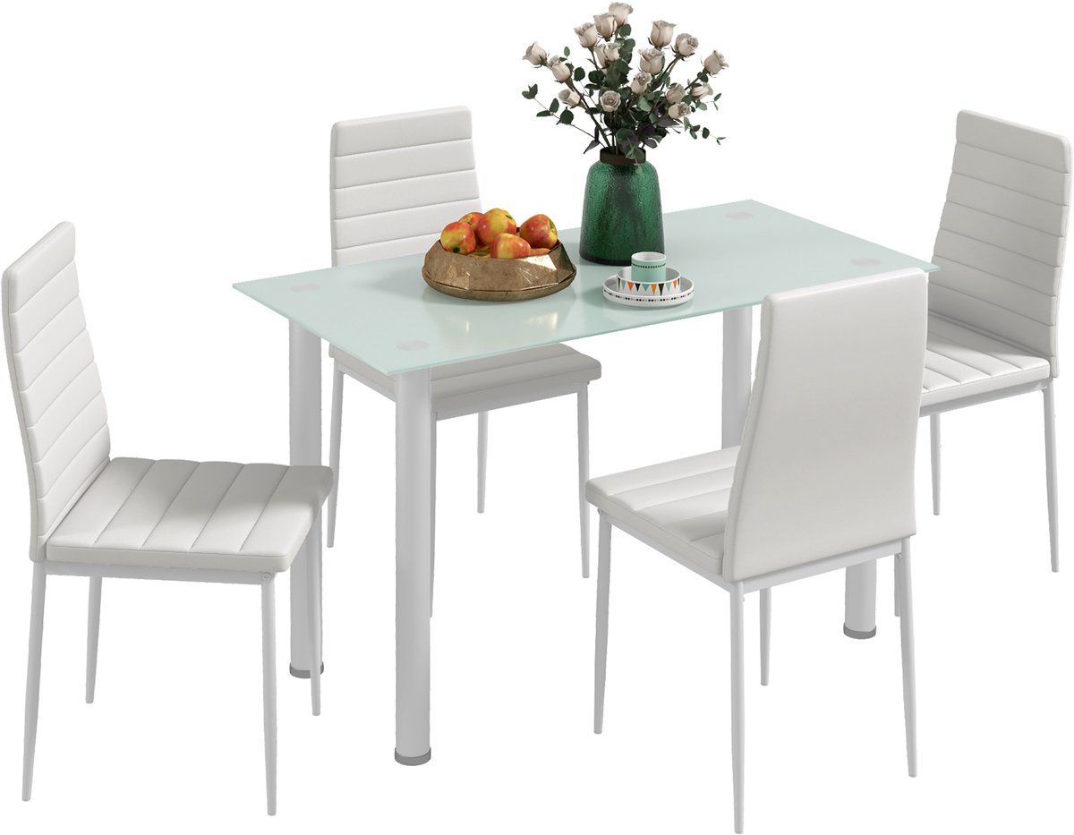 5-delige Eettafelset voor 4, Glazen Keukentafel, Wit | Rechthoekig, 4 stoelen, metalen frame, kunstlederen bekleding, eetkamer, woonkamer