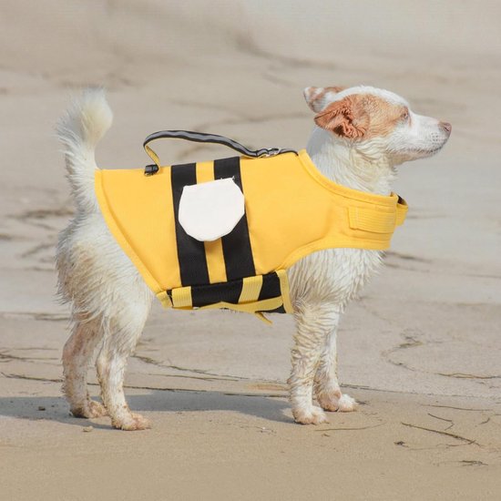 Witte hond met bruine vlekken, nat, op strand, draagt geel zwemvest met zwart gestreepte vleugels en witte cirkels.