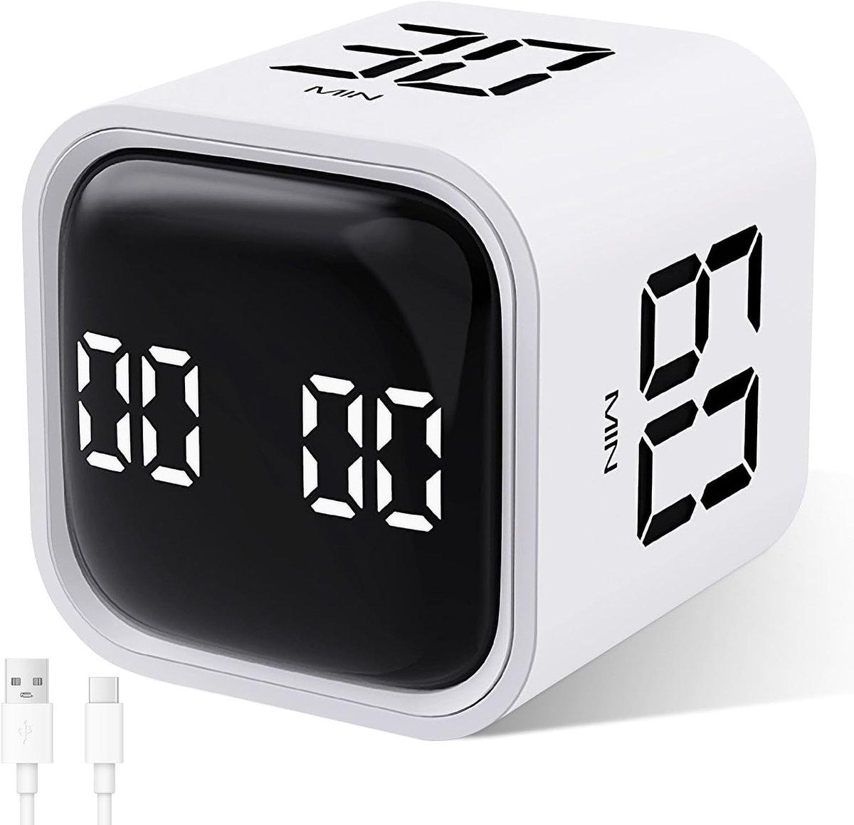 Pomodoro Timer - draaibare kubustimer, 5/10/30/60 minuten en countdown, digitale eierwekker met vibratie, korte wekker met instelbare geluid, voor kinderen, keuken, sport, studie, werk - wit