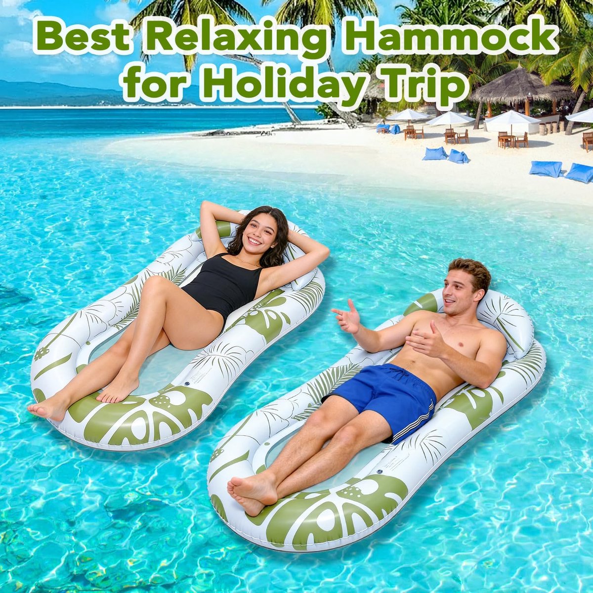 Opblaasbare Zwemband voor Volwassenen - Comfortabele Waterligmat met Hoofdsteun & Mesh Bodem - Perfect voor Zonnebaden, Strandvakantie & Feest - Stevig & Duurzaam - Snel Opblazen - Ontspanning op het Water - Groen Print – foto 4