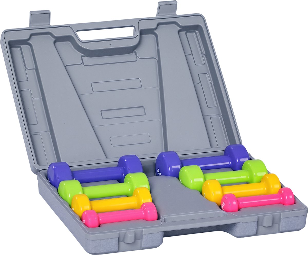 Set korte halters van 10 kg - 8er Set Hanteln mit Gewichten - Opbergdoos voor halters van 0,5/1/1,5/2 kg - Meerkleurig PU met metaalafwerking