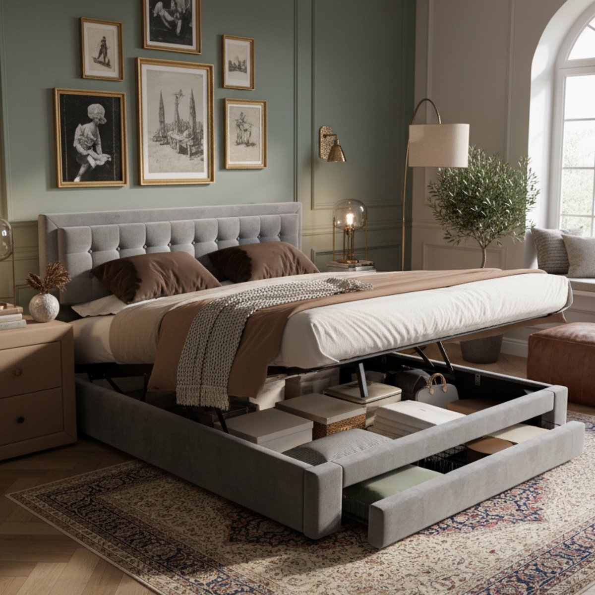 Gestoffeerd bedframe - voor matras 160 x 200 cm - grijs - met opbergruimte en lattenbodem - matras niet inbegrepen - voor de slaapkamer