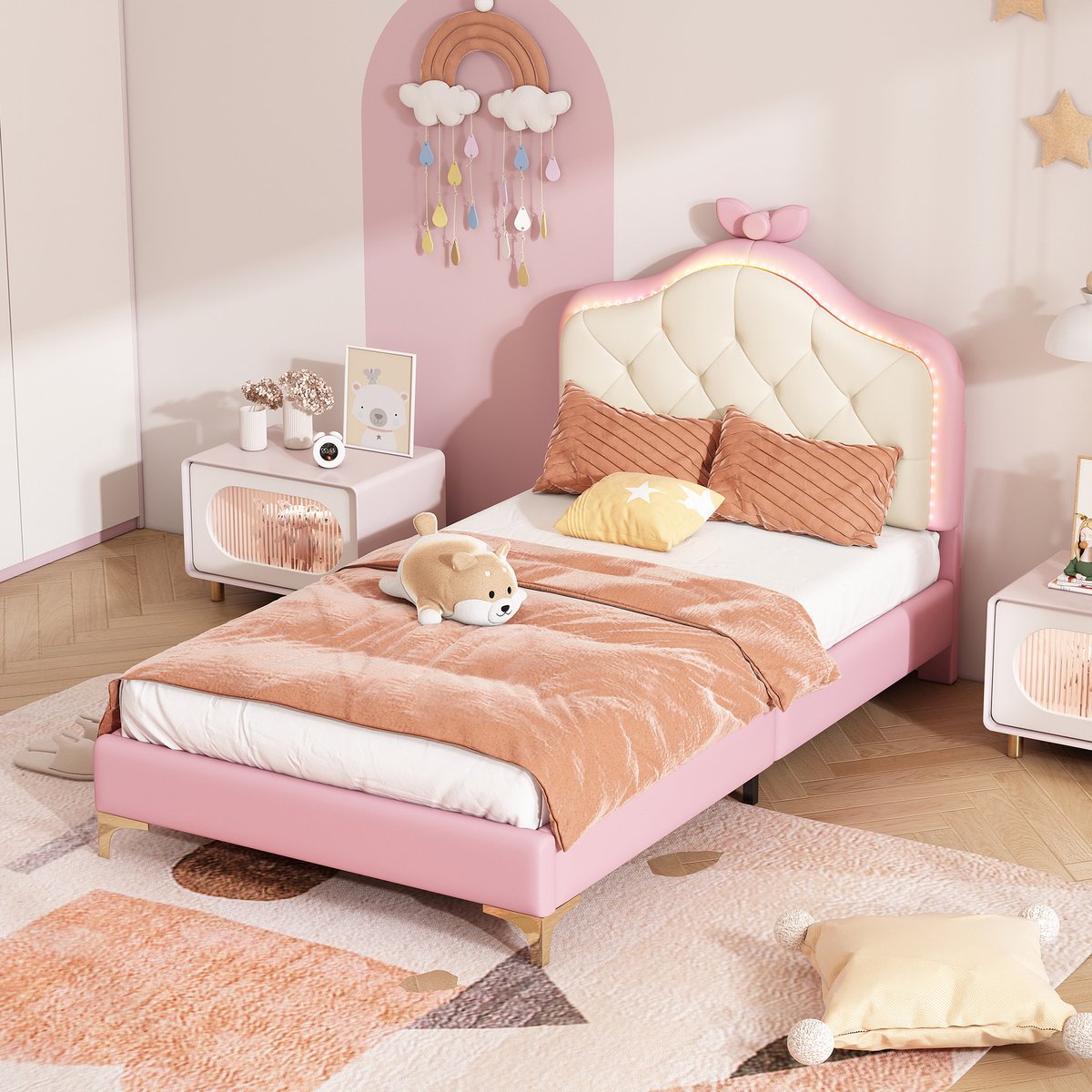 Kinderbed - voor matras 90 x 200 cm - wit en roze - met LED-verlichting en lattenbodem - matras niet inbegrepen - voor de slaapkamer
