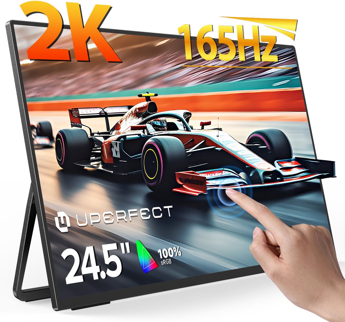 UPERFECT 24.5-inch draagbare touchscreen-monitor met geïntegreerde standaard, 165 Hz, 2560x1440p QHD IPS, USB-C- en Mini-HDMI-poort, tweede scherm voor laptop/telefoon/gameconsole