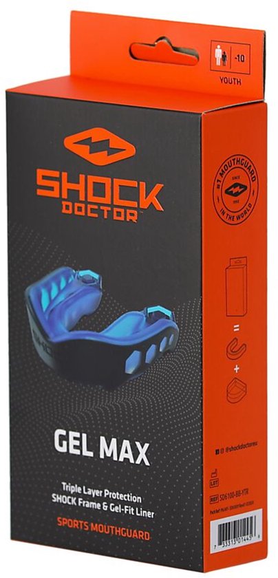 Verpakking van een blauw Shock Doctor Gel Max sportbitje met de tekst "Youth" en een icoon.