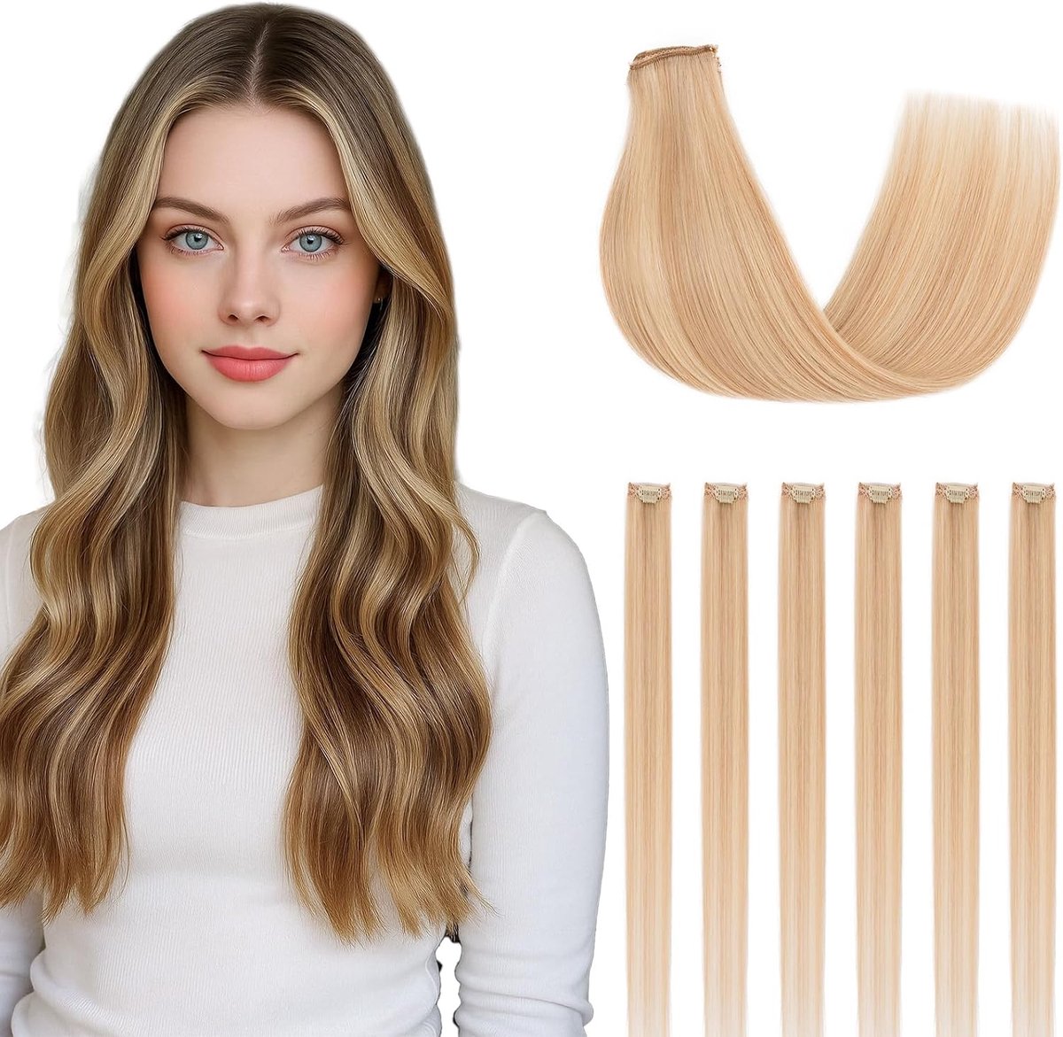 Clip-in extensies van echt haar, 6 stuks, single clip highlights, haarextensies, gladde haarverlenging, natuurlijk voor vrouwen en dames, lichtblond met gebleekt blond #18P613, 50 cm, 44 g