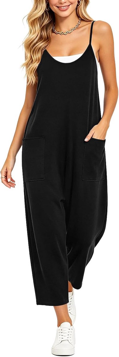 Tuinbroek voor dames, grote maat, jumpsuit, lange koersbroek, losse casual mouwloze overall met V-hals, spaghettibandjes, jumpsuit, vrije tijd, eendelig pak, verstelbare overall met zakken