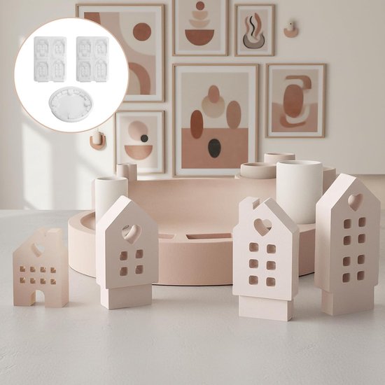 3 stuks siliconen gietvormen kaarsenhouder huisset - 3D siliconen vorm huizen met hartpatroon, gietvormen Kerstmis voor kaarsen, gips en zeep, doe-het-zelf decoratie en cadeau-idee — afbeelding 5