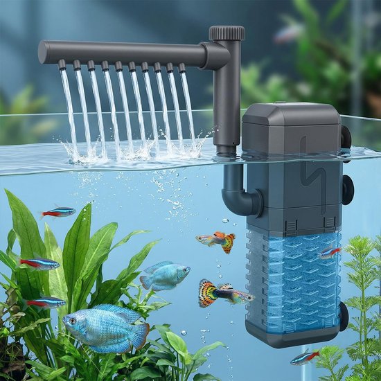 Aquarium Binnenfilter 600L/U 6W – 3-in-1 Filtersysteem voor zuurstof, reiniging & circulatie voor zoetwater, schildpaddenbak & aquaria tot 200L – stille waterpomp met sponsfilter