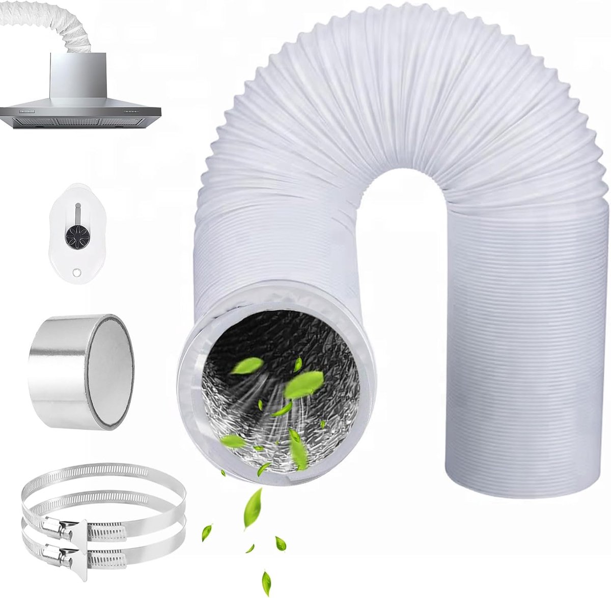80mm lengte 6m PVC Flexibele Aluminium Pijpslang Aluminium Aluflex Slang met 2 RVS Slangklemmen en Aluminiumfolie Tape voor Airconditioners Wasdroger Afzuigkap (Wit)