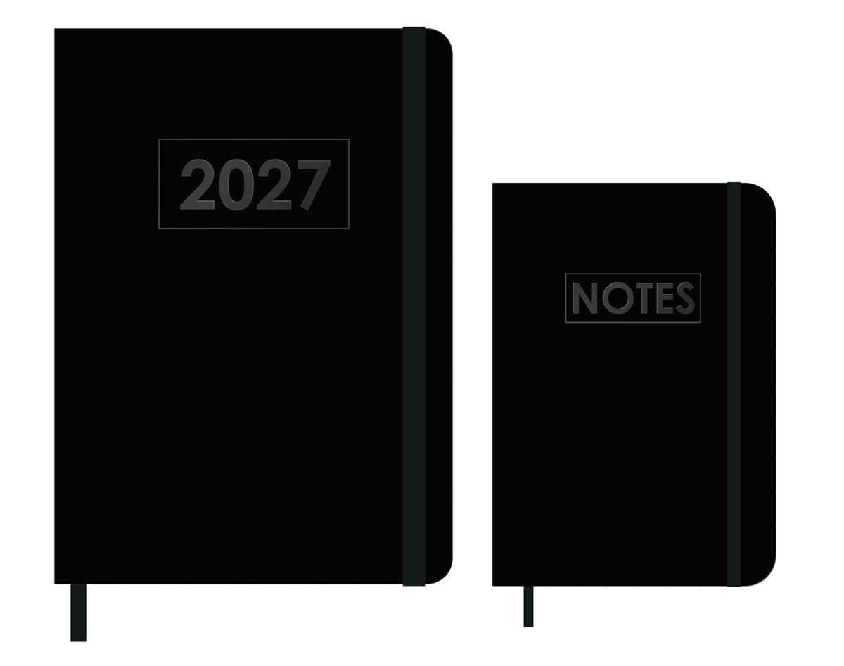 MGPcards - A5 Agenda 2027 - Weekoverzicht 1w/2p - Zwart + Zwart elastiek - 14,8 x 21 cm + Notitieboekje/opschrijfboekje - gelinieerd - 80 pagina's - A6 - Zwart