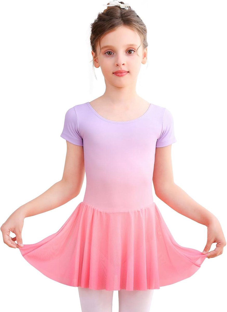 Balletkleding meisjes balletjurk kinderen korte mouwen dansjurk gradiënt ballet tricot balletpak met rok roze