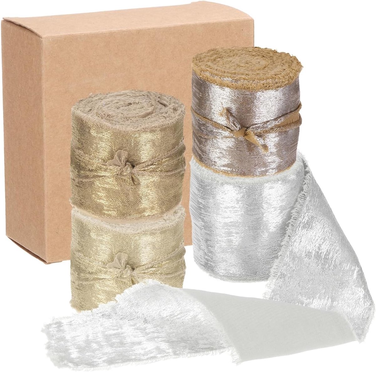4 stuks chiffonlint, 2,5 x 12,5 m, zijdelint, champagne, zilver, bruin, crème, glitter, stoffen lint, handgemaakte franjeband voor boeket, geschenkverpakking, doe-het-zelf, knutselen