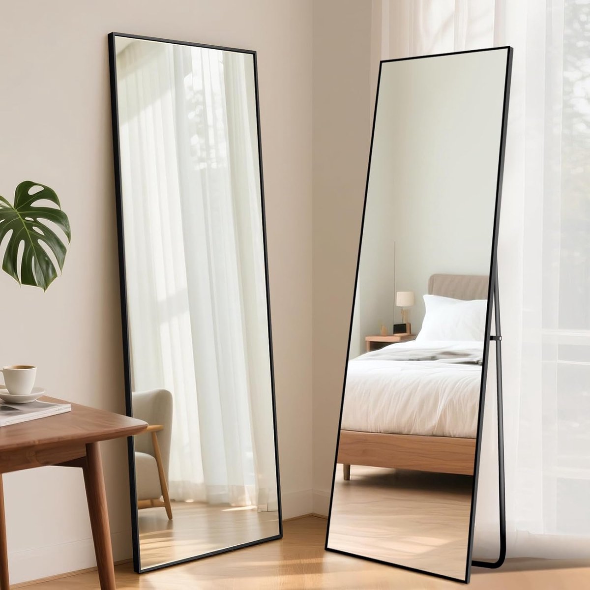Bogenspiegel voor het hele lichaam, 140 x 40 cm, zwart, gebogen staande spiegel om op te hangen, staand, leunen, grote wandspiegel met aluminium frame voor woonkamer, slaapkamer, hal