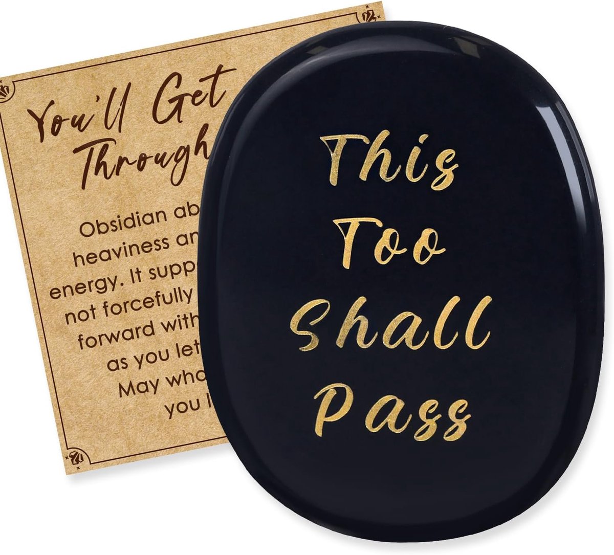 Obsidiaankristal zorgensteen met gravure "this too shall pass" edelsteen handbedel van natuursteen spiritueel kristal steen mindfulness cadeau